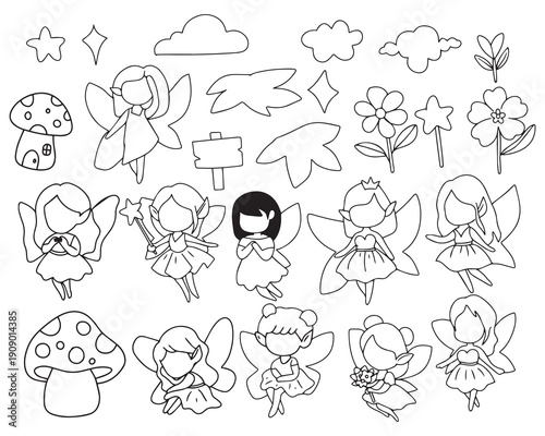 coloring book for kids. Set of kawaii little fairy element design collection. Little fairies from legends about imaginary kingdom with fantastic creatures.