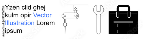 Engineering, maintenance, job tools, industrial design, repair, workplace essentials. A wrench, robotic arm and briefcase. Engineering and maintenance concept with job tools and icons
