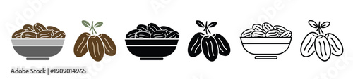 Dates Fruit icons, bowl of Ramadan dates on White Background