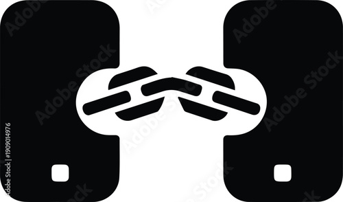 Black icon of two smartphones linked by a broken chain mobile device