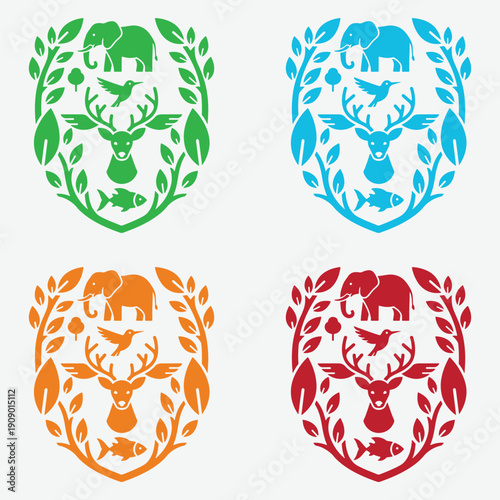 Wildlife Conservation Shield Logo with Elephant Deer Bird Fish and Leaves Vector Emblem Set