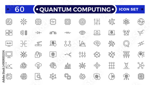 Quantum Computing outline icon set for AI Hardware and Acceleration, Featuring GPU Card, AI Accelerator Chip, Server Rack, CPU, RAM, Motherboard, Data Flow, Cloud Computing, and Quantum Chip.