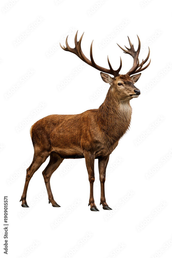 Fototapeta premium Red deer stag with large antlers standing majestically looking to side on an isolated background