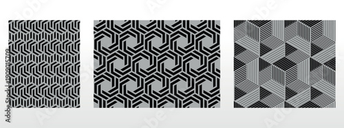 Geometric set of seamless black and gray patterns. Simple vector graphics