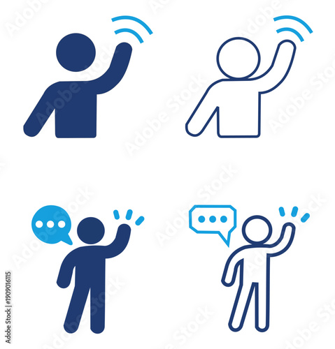 Welcome icon set, hello, hey, greeting and bye vector with hand symbol illustration.