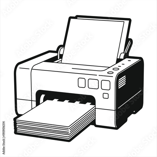 Black and white printer dispenses a stack of printed pages, ready for distribution