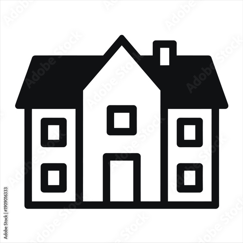 Black outline depicts a two story house with a chimney and transparent background