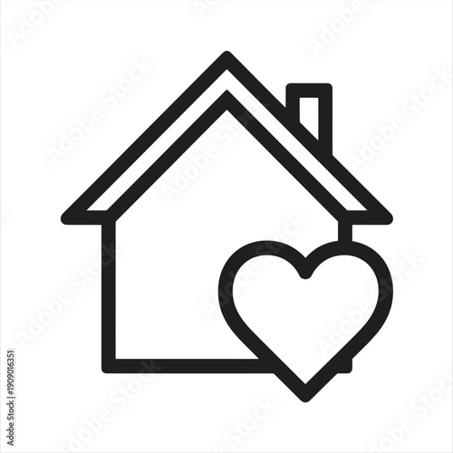 Black outline of house with heart shape overlay creates a love home icon