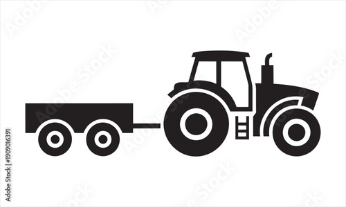 Black tractor hauling a trailer appears against the isolated white background in a clear icon