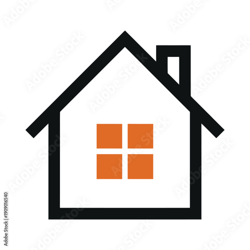 Simple black outline home with chimney and orange window on transparent background