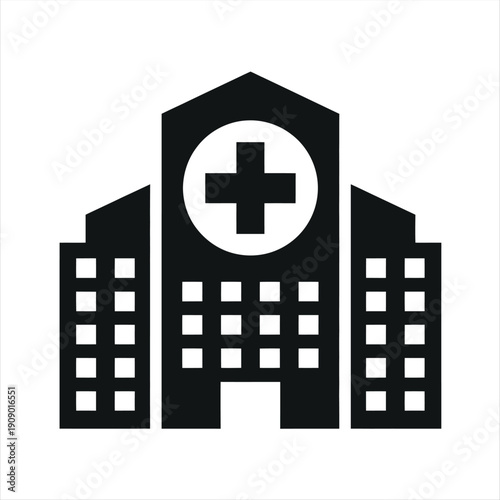 Simple hospital building features a clear medical cross on its roof outline