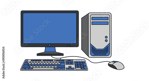 Simple cartoon illustration of a desktop computer with monitor keyboard and mouse