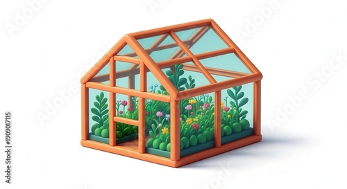 Small Wooden Greenhouse with Vibrant Indoor Garden and Blooming Plants