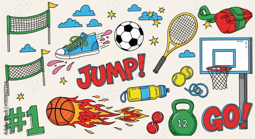 Various sports equipment and illustrations jumping in the air with clouds and motivational words.