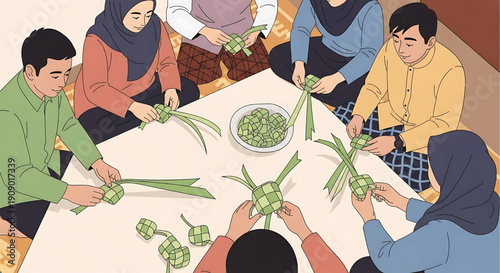 A heartwarming illustration of a family gathering, joyfully engaging in the traditional art of crafting ketupat for festive celebrations, embodying unity and cultural heritage