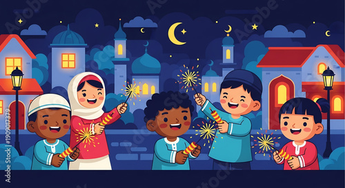 Children celebrating a festival with sparklers in front of a mosque at night under a crescent moon and stars, vibrant illustration