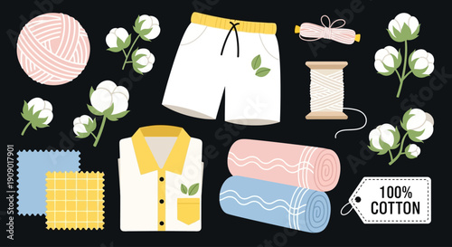 Clothing items made of cotton with threads and fabric on a table