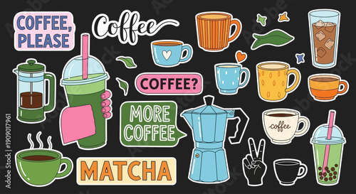 A colorful collection of various coffee cups and drinks on display