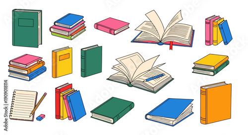 Various colorful books and notebooks arranged on a surface