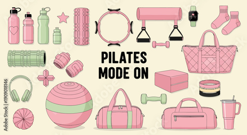 Various fitness equipment and accessories arranged in pilates mode on