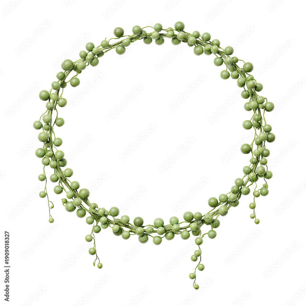 Obraz premium Green string of pearls succulent plant forming a round frame on gray transparent background