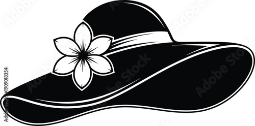 Elegant wide brim summer hat with decorative flower illustration, stylish feminine fashion accessory isolated on white background, vintage black and white design.