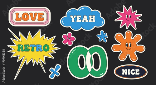 Colorful graphic stickers with love, yeah, retro, nice words on black background