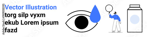 Large eye graphic with tear, abstract person raising a bubble, milk carton. Ideal for vision, emotion, health, hydration, creativity, mindfulness simple landing page