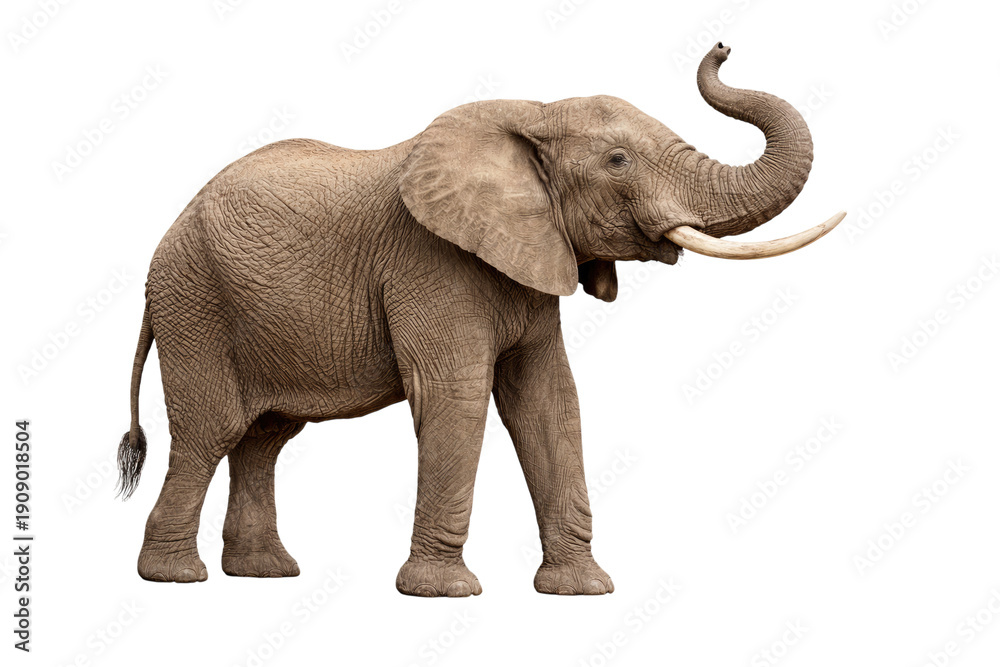 Obraz premium African elephant walking with raised trunk and tusks isolated on transparent background side profile