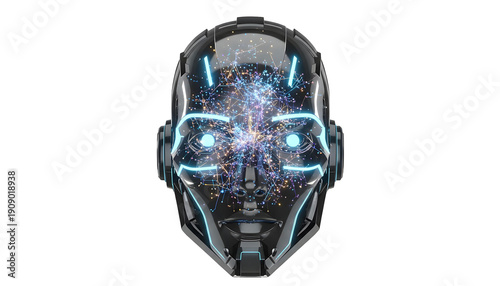 3D AI robot head with glowing neural network, modern tech style, realistic lighting, transparent background PNG.