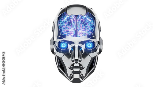 3D AI robot head with glowing neural network, modern tech style, realistic lighting, transparent background PNG.