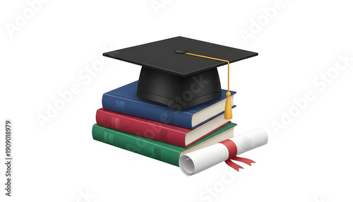 Graduation cap with books and diploma, education success concept, PNG.