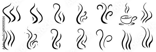 Hot coffee steam rising in doodle waves. Aromatic vapor scribbles icon design with fragrance element. Ideal for food packaging, cooking naive illustration. Vector tea hot steaming effect set isolated.