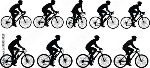 Collection of black male silhouettes featuring various professional cyclists riding road and mountain bikes isolated on white background for competitive sports vector illustration.