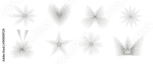 Grainy star heart, butterfly noise gradient icons. Grain gradation crown, flower, twinkle dot airbrush spray shapes. Designed for nostalgic and contemporary posters. Vector figures with grunge paint.