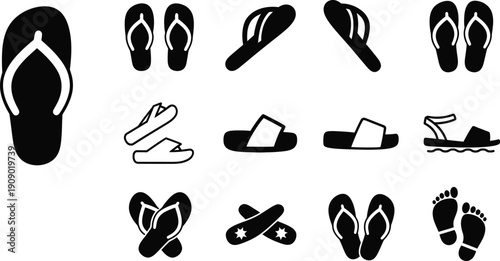 Solid slippers, sandals and flip-flop icons. 