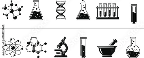 Science laboratory icon set illustration with chemistry, biology, and research symbols, black and white scientific equipment designs for education, technology, and medical concepts