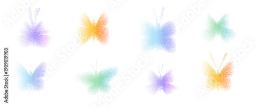 Butterfly y2k rainbow holographic icons. Grain noise gradient dots dust shapes. Retro stippling simple forms set. Green, blue gradation shade insect isolated. Vector spray butterflies illustration.