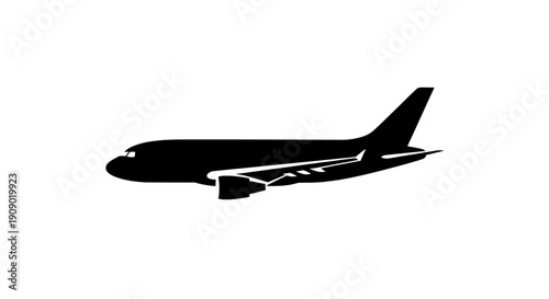 A black silhouette of an airplane against a white background