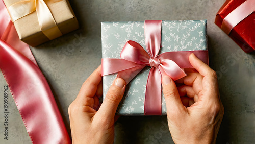 Closeup of hands wrapping a gift box with soft satin ribbon creating elegant festive mood perfect for celebrations holidays birthdays surprises and special moments of giving