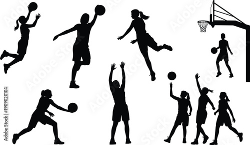 Basketball players silhouettes collection, women playing basketball action poses, sports activity illustration, isolated black athlete vector set for sport design projects