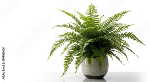 A lush green fern fills a twotone pot set against a stark white background