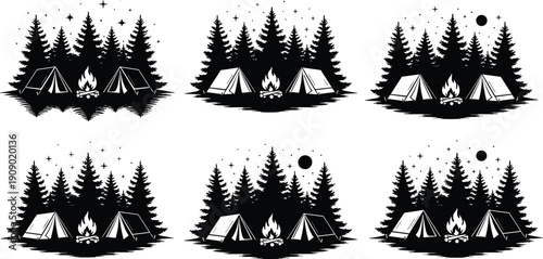 Silhouette camping scene with tents and campfire in pine forest at night, outdoor adventure illustration, wilderness camping, nature travel concept, minimalist black and white design