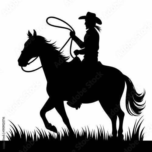 Cowboy Riding Horse and Holding Lasso Silhouette Vector Illustration in Grass Meadow