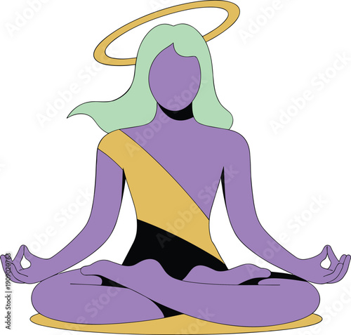 Meditation illustration, spiritual mindfulness, inner peace, divine presence, enlightened harmony, golden halo, yoga practice, wellness design, flat vector illustration