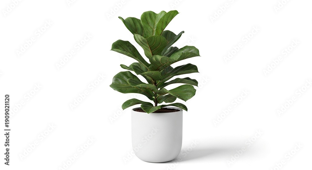 Obraz premium Fiddleleaf fig tree in a white pot centered on a plain background
