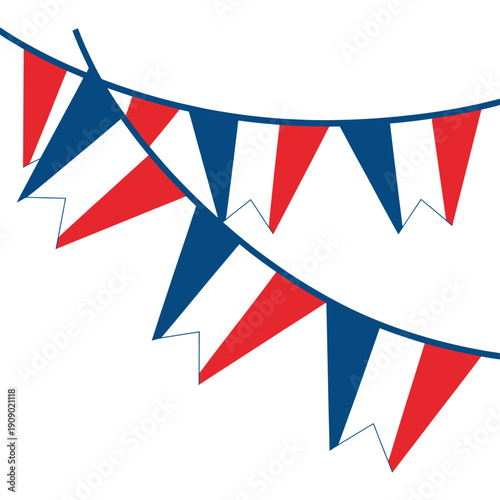 A string of red, white, and blue triangular flags on a white background