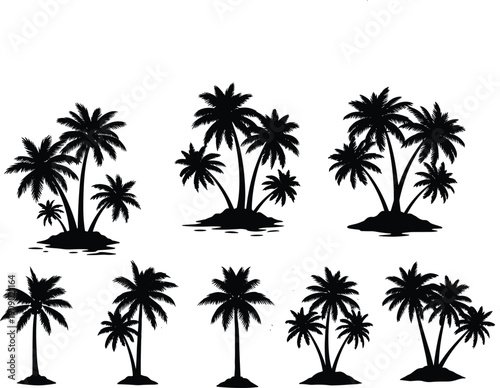 Tropical palm tree silhouette collection isolated on white background, black island palms vector style set for summer, beach, travel design projects branding illustration print web
