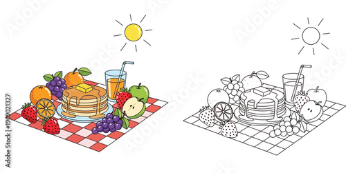 Breakfast picnic with pancakes fruits and juice vector illustration with coloring page outline.