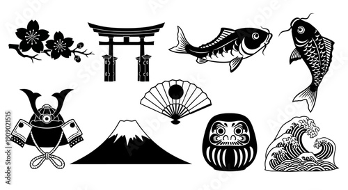 Japanese Culture Icons Set: Traditional Symbols in Black and White